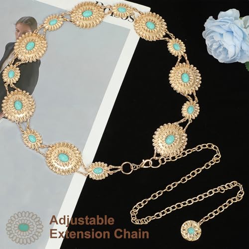 Image of WHIPPY Women Concho Chain Belt Metal Link Western Cowgirl Turquoise Chain Belt for Dress