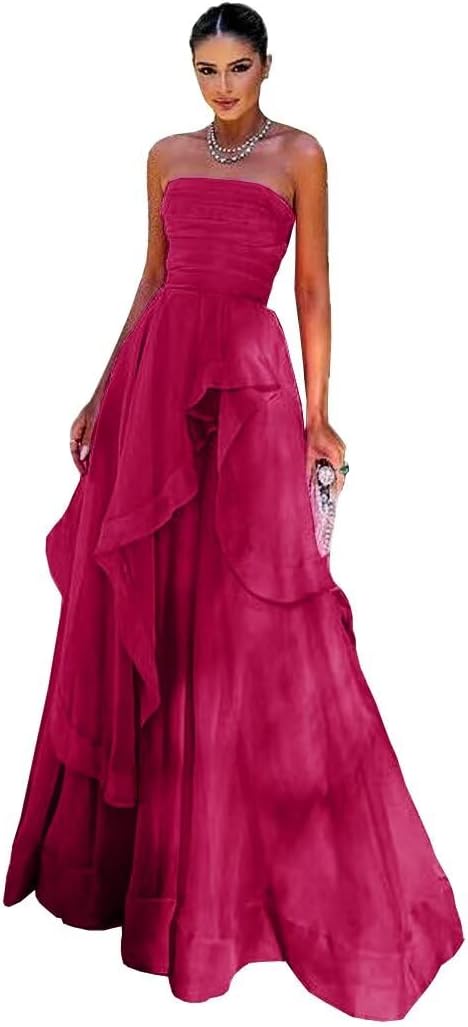 Ruffle Long Ball Gowns for Women Formal A-Line Strapless Bridesmaid Dress 2026 Tiered Tulle Prom Party Gowns DR0181 DR