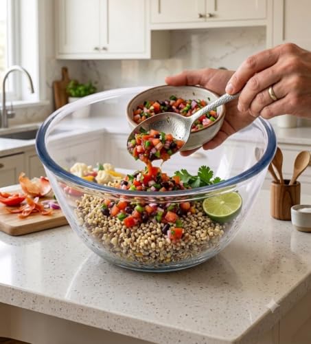Image of Large Glass Salad Serving Bowl 800 Ml Set of 1, Deep Round Clear Glass Prep & Mixing Bowl, Heavy-Duty Glassware Centerpiece for Fruit, Pasta, Grain Bowls & Trifle