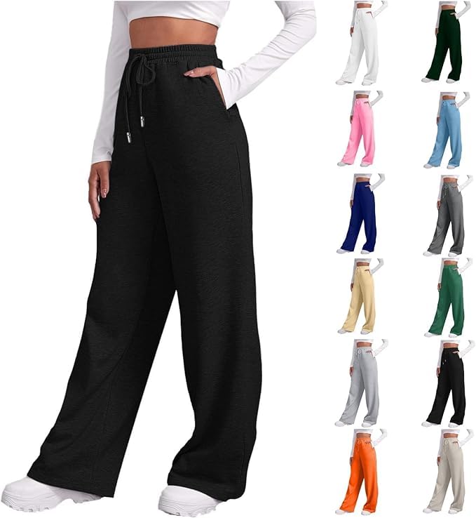 Generico Pantaloni da Jogging da Donna Pantaloni Sportivi Vita Alta Pantaloni della Tuta Allenamento Casual a Gamba Larga con Tasche e Coulisse