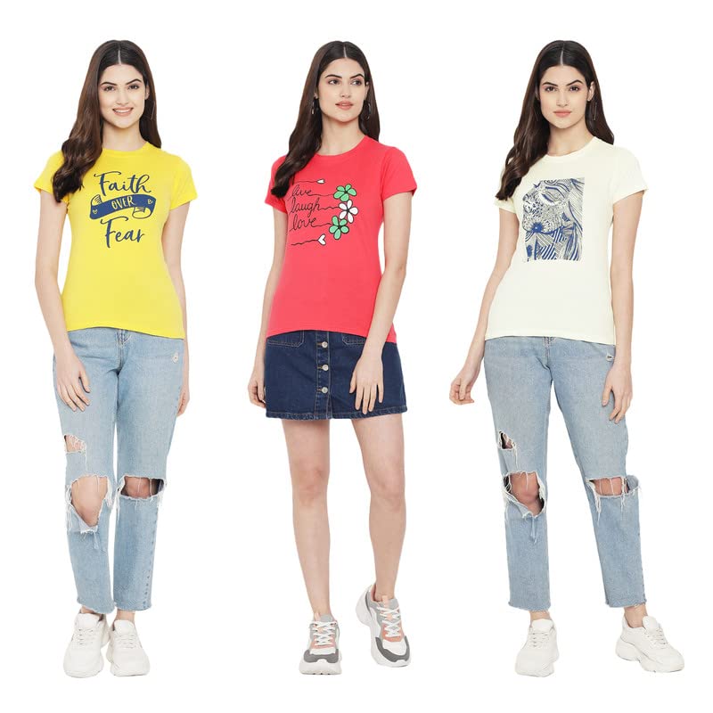Image of Preneum Women's Cotton Regular Fit Graphic Stylish Printed Short Sleeves Casual T-Shirt || Trend & Style (Pack 3)