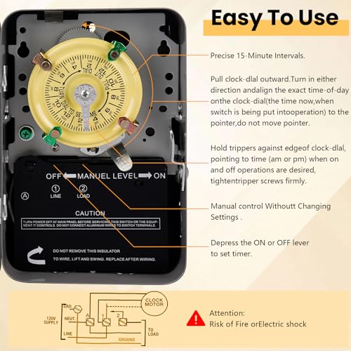 careNEW T101 Mechanical Timer Switch - 120V 2HP 40A SPST Electromechanical Timers, 12 ON/Off 24 Hour Timer with Tripper for Lights, Pool Pumps, Water Heater Fans & HVAC Systems by careNEW - Image 6