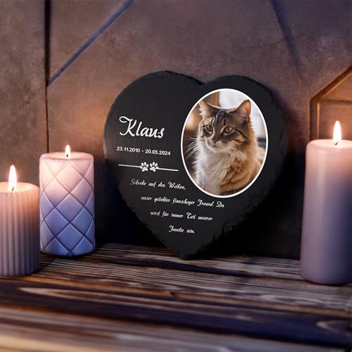 LAUBLUST Personalisierte Herzform Grabplatte mit Name & Foto als Grabschmuck für Hund, Katze & andere Haustiere - Pfoten, 3 Größen | Schieferplatte mit Gravur als Tiergrabstein Deko & Tiere Grabtafel