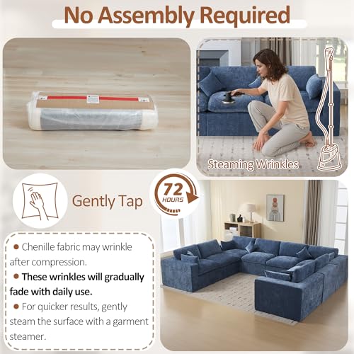 Image of 146''Cloud Boneless Sectional Couch, Modular Sectional Sofa Deep Seat, Oversized Upholstered Convertible Comfy 8 Seater Chenille Memory Foam Sofa U Shape Couches for Living Room, Blue