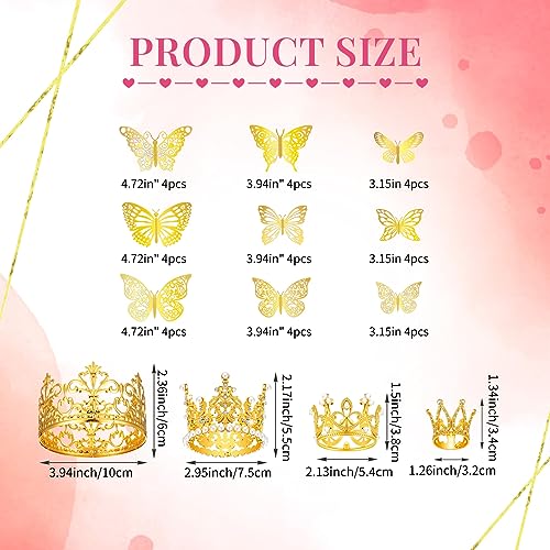 Kigley KIGLEY-0705 40 Pcs Gold Bouquet Accessory Set 4 Pcs Gold Crown Topper And 36 Pcs 3D Gold Butterfly Decorations For Flower Arrangements, Wedding, Birthday Baby Shower Party, Afternoon Tea Cake Decorating thumb #1