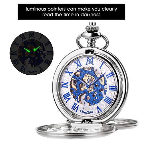 Image of ManChDa Mechanical Roman Numerals Dial Skeleton Pocket Watches with Luxury Wooden Box and Chains for Mens Women