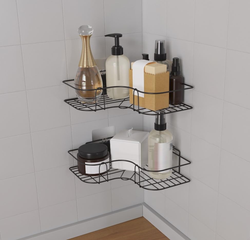 RIOMAX Wall Mounted Self-Adhesive Bathroom Corner Shelf/Kitchen Rack & Holder - Bathroom Accessories (Material-GI Metal, Powder Coated Finish, Black, L Shape Pack of 2) (B0BZL76JP4) Amazon Price History, Amazon Price Tracker