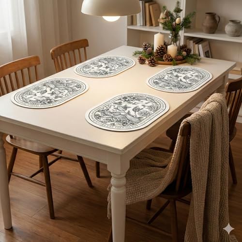 Image of Yelona White Oval Leather Placemat | Waterproof, Heat Resistant | Easy Clean Dining Table Mat Faux Leather Vintage Floral Print (Dense Forest, Pack of 4)