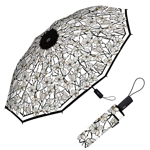 RainCaper Windproof Auto Open/Close 44 Coverage Folding Travel Umbrella Fine Art Tiffany Magnolia Reinforced Rib Travel Umbrella with Matching Sleeve
