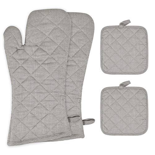 Oven Mitts and Pot Holders Heat Resistant Kitchen Aid Set of 4 for Finger Hand Wrist Protection with Soft Inner Lining Kitchen Gloves for BBQ Cooking Baking Grilling with Non-Slip Surface-Gray