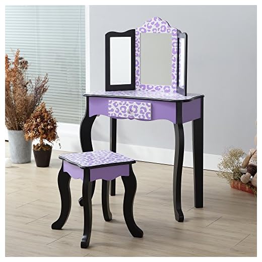 Teamson Kids Pretend Play Kids Vanity Table and Chair Vanity Set with Mirror Makeup Dressing Table with Drawer Fashion Leopard Prints Gisele Play Vanity Set Purple Black