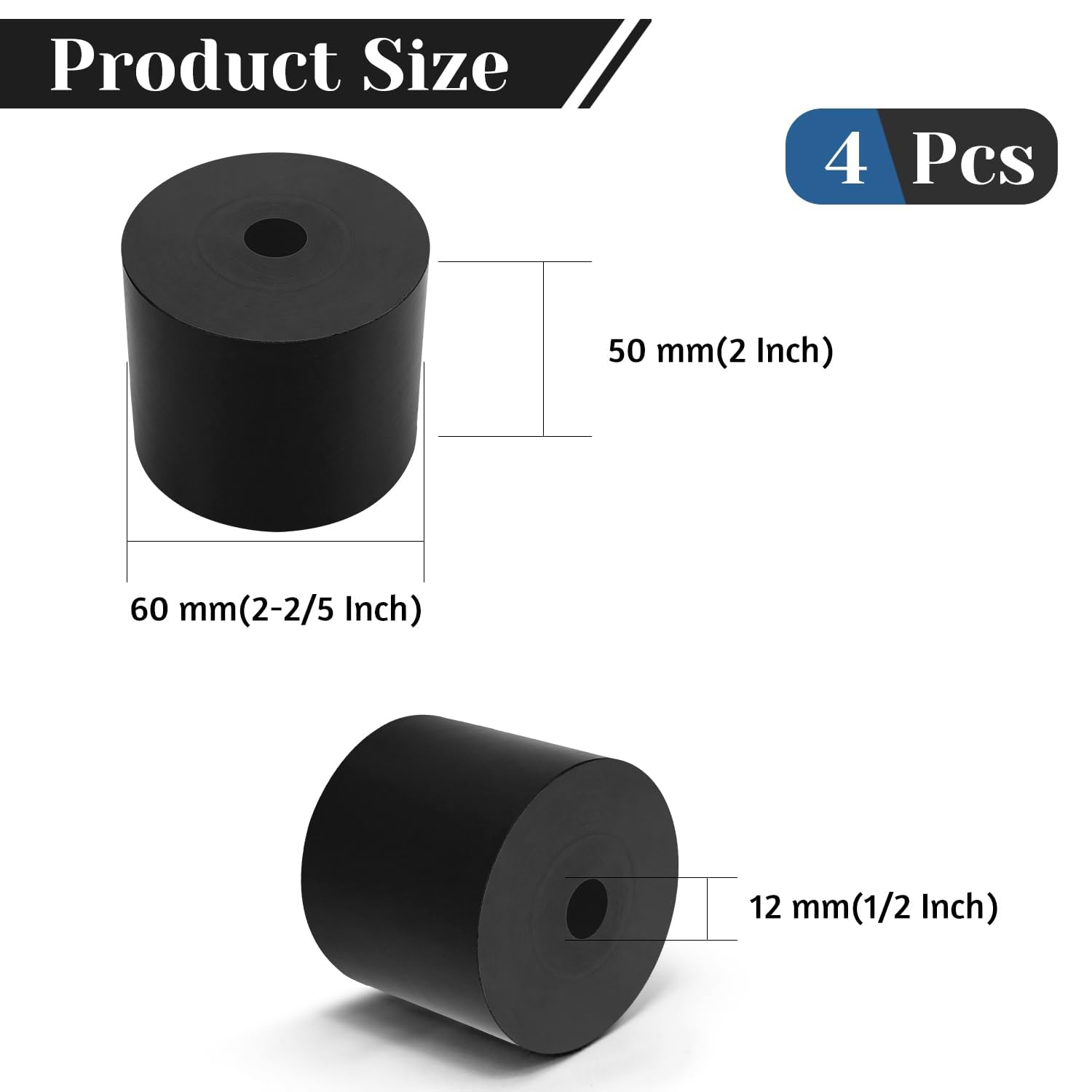 4 PCS Multi Purpose Rubber Spacer, 2-2/5" OD x 1/2" ID x 2" Thickness Rubber Washers for Screws, Anti Vibration Pads for Bolts, Car, Boat, Home (60 * 12 * 50mm)