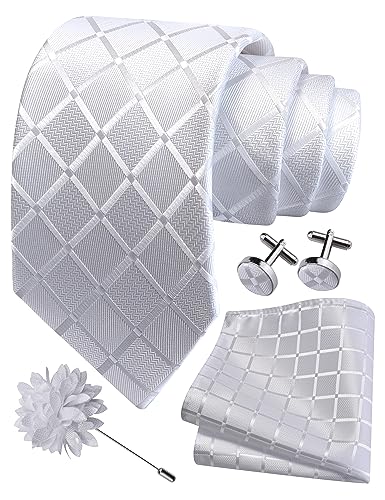 Image of GUSLESON 3.15 inch(8cm) Mens Tie and Lapel Pin Plaid Checkered Necktie Hankerchief Cufflinks Set for Men