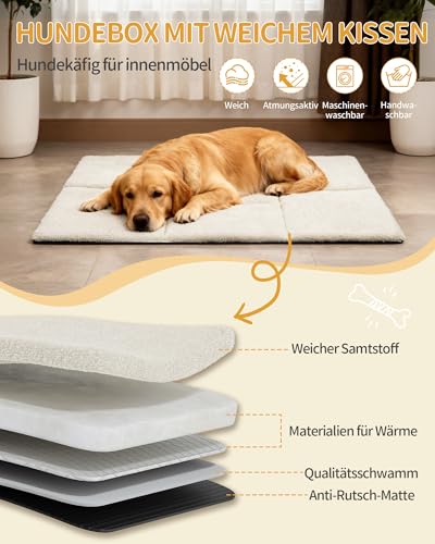 Hzuaneri Hundekäfig Möbel, Indoor Hundebox mit Kissen, Modernes Dreitür-Design, Hochbelastbar Hundekäfige, Beistelltisch aus Holz, Geeignet für Große Hunde, 108 x 66 x 77,5 cm, Weiß DFC86713W