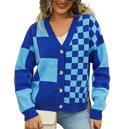 Image of Womens Color Block Plaid Button Down Cardigan Long Sleeve Cable Knit Checkered Sweaters Tops Y2k Aesthetic Clothes