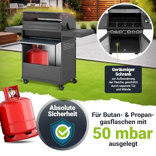 Savannah BBQ Gas Barbecue - 4 Burners and 1 Side Burner - XXL Steel Gas Grill with Cast Iron Cooking Grate, Hob, Base Cabinet for Gas Bottle