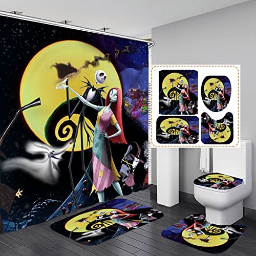 Jack and Sally Bathroom 4 Pieces Set Shower Curtain, Toilet Lid Cover and Bath Mat, Non-Slip Rugs, Durable and Waterproof, for Bathroom Decor Set, 72
