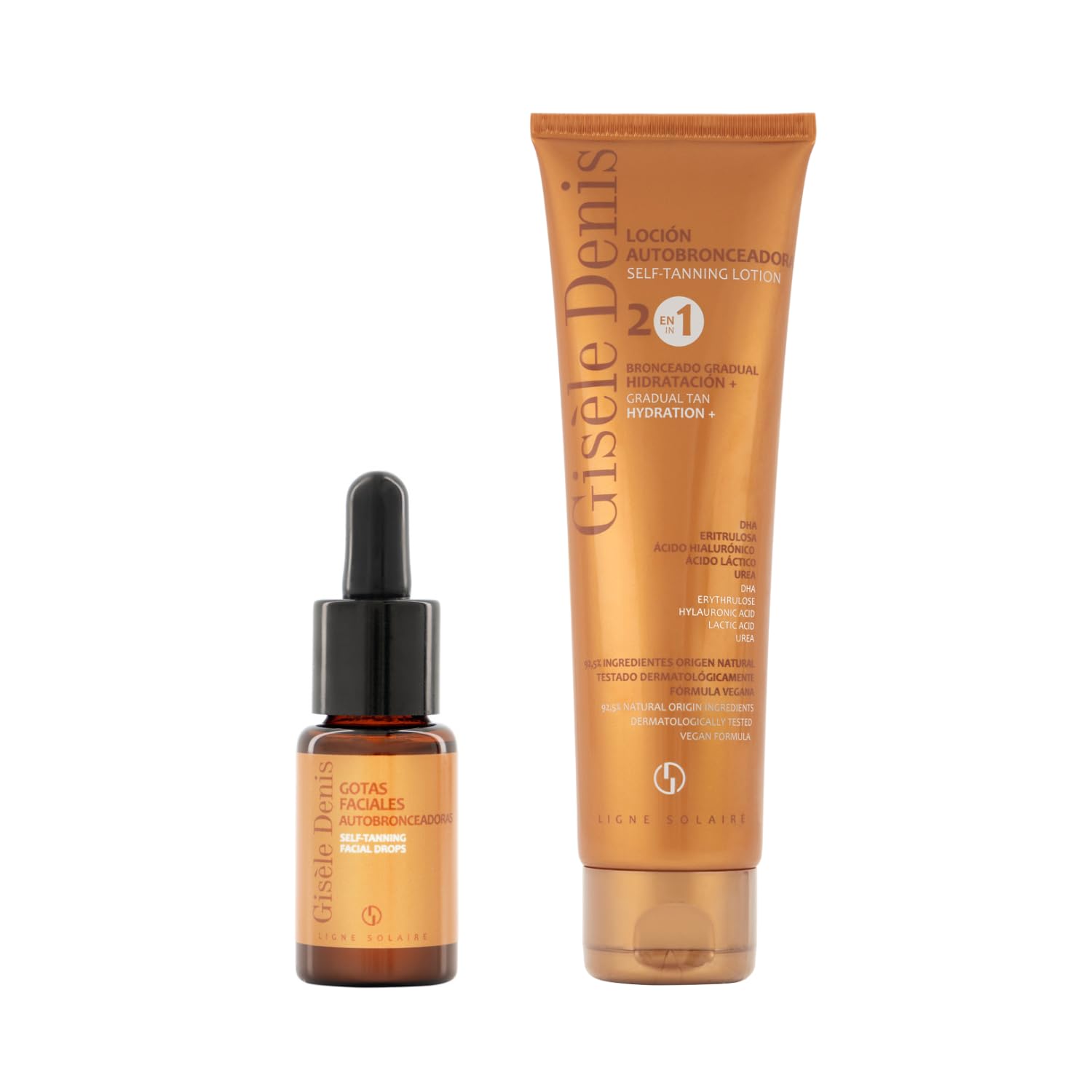 GISÈLE DENIS - Pack Autobronzant, Gouttes Autobronzantes Visage 15 ml + Lait Autobronzant Corps 150 ml, Bronzage Progressif, avec DHA, Érythrulose, Acide Hyaluronique et Arginine, Formule Vegan