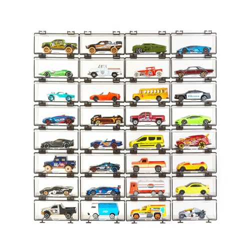 Saichotoy Hot Wheels Display Case: Stackable Toy Car Storage, Transparent Organizer for Matchbox & Hot Wheels 1/64 Scale Diecast Cars (32 Packs, Dark Tint Case Only)