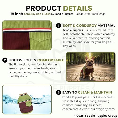 Image of Foodie Puppies Corduroy Line Velvet Pocket T-Shirt Warm Sweater Jacket - (18 inch, Olive & Maroon) for Small Breeds Dogs | Soft, Lightweight Pet Apparel | Stylish, Comfortable, Durable, Stretchable
