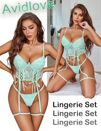 Image of Avidlove Women's Lingerie 4 Piece Garter Lingerie Floral Lace Bra and Panty Sets with Underwire S-XXL