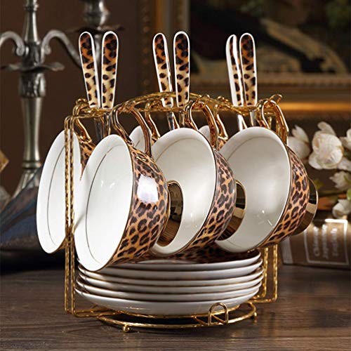 SXLCKJ Europa Classic Leopard Print Bone China Tazas de café y platillos Juego de Platos para Tazas de café GOL Pintado…