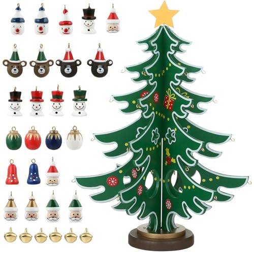 Mini árvores de Natal de madeira unidades, mini árvore de Natal de madeira com 30 pendentes, árvore de Natal sobremesa, para decorações natalícias mesa vitrine presente para criança