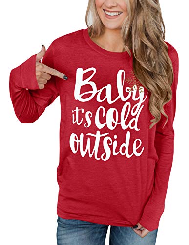 Christmas Women Graphic Printed Red Shirt Long Sleeve Xmas Party Casual Sweatshirt Baby It's Cold Outside XL