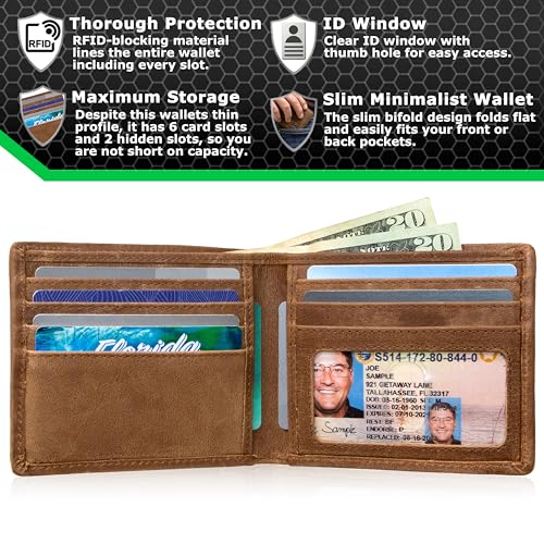 ID Stronghold Slim Bifold Wallet for Men - RFID Blocking Wallet - 7 Slots Nylon and Leather Light Brown4