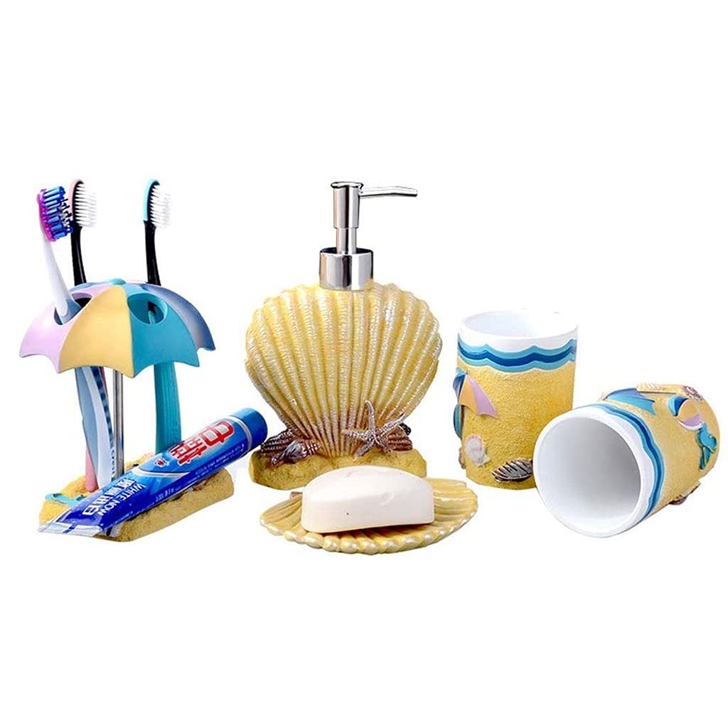 Ensemble d'accessoires de salle de bain 5 ensembles cadeau de salle de bain style plage en résine tendance, savon de salle de bain, brosse à dents, anti-gobelet (couleur : A)