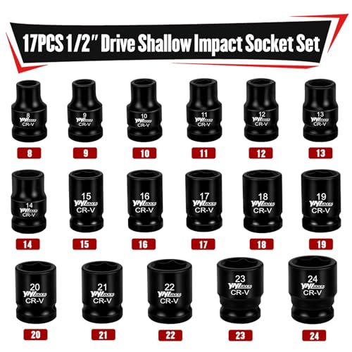 Image of YIYITOOLS 17Pcs 1 /2 inch Drive Shallow Impact Socket Set (8-24mm), Metric Socket Set, 6-Point, CR-V Steel for Automotive Maintenance, Repairs, and DIY Projects