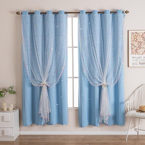 Image of 52x63 2-in-1 Double-Layer Kids & Girls Unicorn Princess Blackout Curtains with Foil Print Sheer, 2 Panels Set - Pure Blue