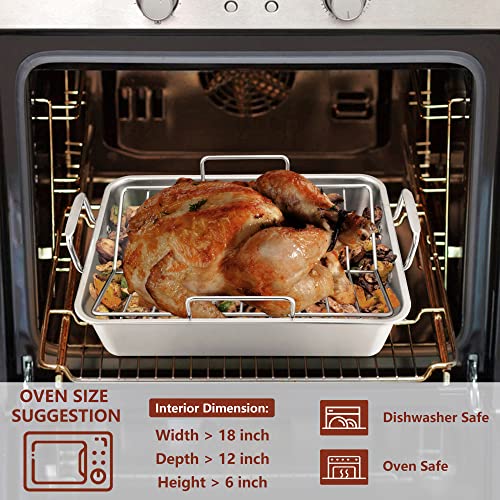Lianyu Roasting Pan With Rack, 15 Inch Stainless Steel Turkey Roaster Pan With V-Shaped Rack And Baking Rack, Heavy Duty Roaster Pot For Turkey, Chicken, Vegetable, Lasagna, Dishwasher Safe #TOP3