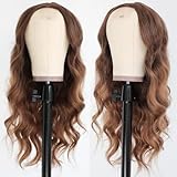 QD-Tizer Long Ombre Brown Wavy Wigs for Women Caramel Brown Curly Wig Middle Part Hair Replacement Wigs Heat Resistant Synthetic Hair Wigs