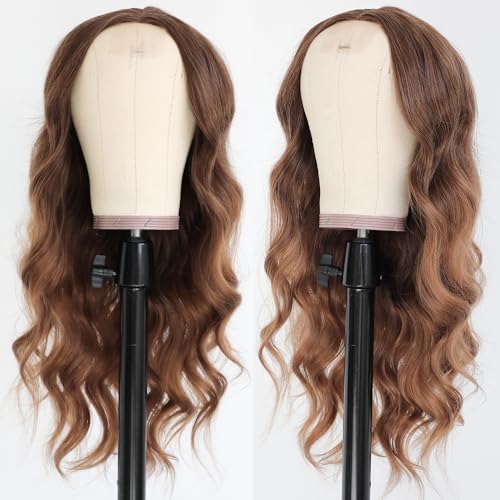 QD-Tizer Long Ombre Brown Wavy Wigs for Women Caramel Brown Curly Wig Middle Part Hair Replacement Wigs Heat Resistant Synthetic Hair Wigs