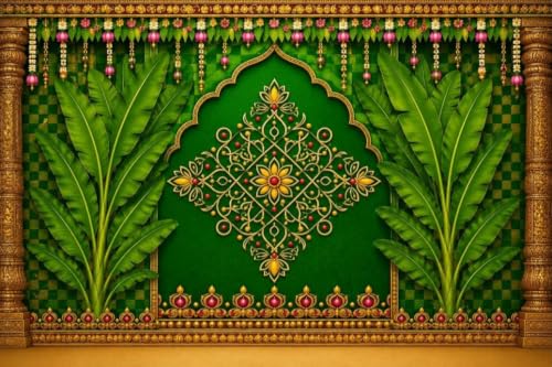 Image of varalakshmi Pooja Backdrop Decoration | Pooja backdrops Decoration | Traditional Indian Festival Background Featuring Two Banana Trees 8x8 Feet | Pooja Backdrop Cloth