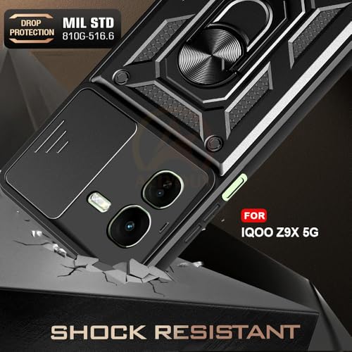 Image of Armor Bumper Back Cover Case for IQOO Z9X Rotating Camera Cover, Ring Holder & Kickstand | Heavy Duty & 360 Degree Protection IQOO Z9X Back Cover (Black)