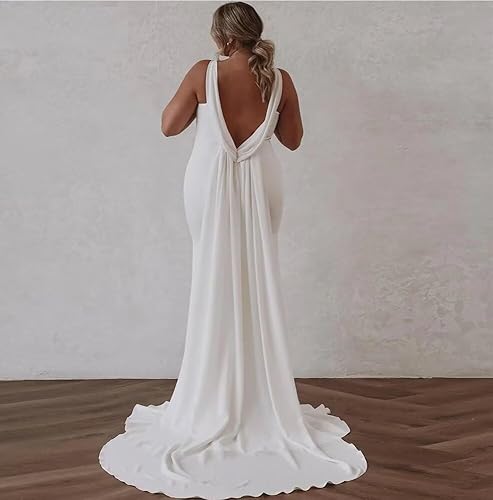 Miniatura 4 de SHANDUO - Vestido de novia con cuello en V, estilo bohemio, con tirantes delgados, sirena de satén, vestido de noche con cola