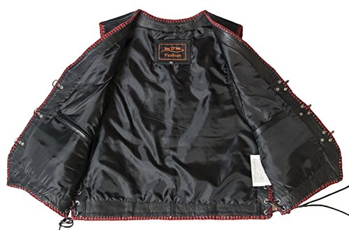 Gilet En Cuir Homme Noir - Cuir Perforé Et Matelassé - Coutures Rouges - Taille Variable Avec Fermeture