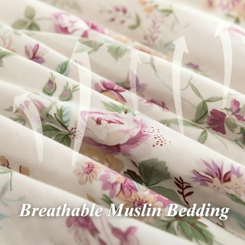 Image of FADFAY Vintage Romantic Sheets Set Queen Peony Floral Bedding Cottagecore Botanical Sheets Shabby Floral Farmhouse Bedding 100% Muslin Cotton 4Pcs