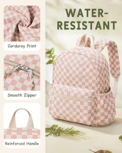 Image of Kids Backpack for Girls and Boys Ages 5-8 | 15inch Corduroy Backpack Kids Bookbag for School Preschool Kindergarten Daycare Daypack -Pink Checkered
