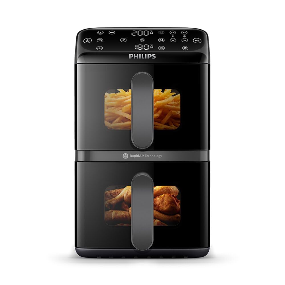 Philips Airfryer Serie 4000 Doble cesta vertical 10L – Tecnología RapidAir, Sincronización, 2 cestas a la vez, 45% menos espacio, Revestimiento cerámico sin PFAS, Ventanas de visualización (NA460/00)