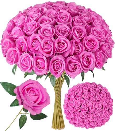 Image of INSPRING 50 PCS Hot Pink Roses Artificial Flowers with Long Stems | Real Looking, Fake Roses, Silk Flowers, DIY Bouquet, Wedding Party Celebration Home Bridal Decoration Gift, for Her Wife