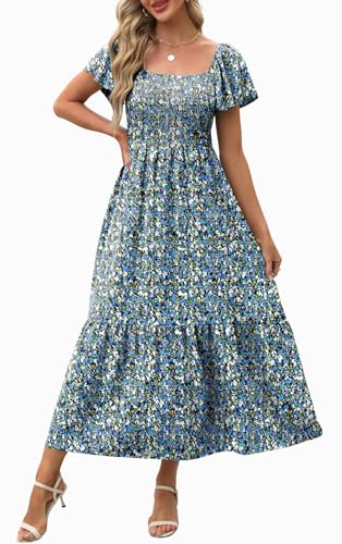 Image of OFEEFAN Summer Dresses for Women Square Neck Ruffle Sleeve Smocked Maxi Dress with Pockets