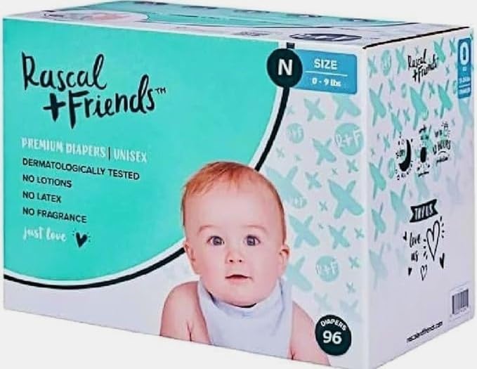 Image of Rascal + Friends New~Born Premium Diapers, 96 Count, 1 Pack (Packaging May Vary)