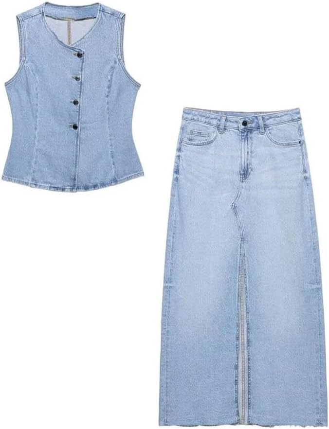Women's Light Denim Sleeveless Vest with Button Front and High-Waisted Split-Hem Maxi Skirt Set