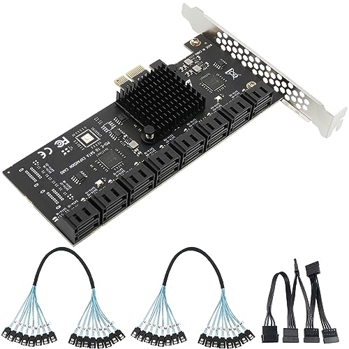 SATA Expansion Card PCIe X1 to 16-Port SATA3.0 SSD 6Gbps Controller Adapter Card with 2X 8 to 8 Bundle Cables for Win10/8/7/XP/Vista/Linux (16 Port SATA)