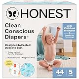 The Honest Company Clean Conscious Diapers for Delicate Skin | Up to 100% Leakproof | Hypoallergenic, Fragrance Free | Summer '25 Limited Edition Prints | Club Box, Size 5 (27+ lbs), 44 Count