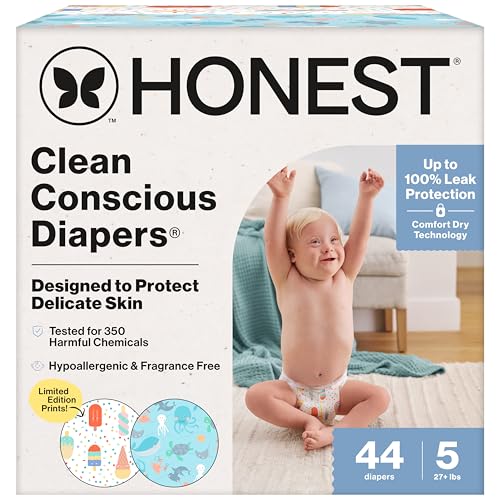 The Honest Company Clean Conscious Diapers for Delicate Skin | Up to 100% Leakproof | Hypoallergenic, Fragrance Free | Summer '25 Limited Edition Prints | Club Box, Size 5 (27+ lbs), 44 Count