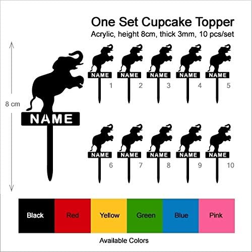 TA0866 Elephant Circus Silhouette Party Wedding Birthday Acrylic Cupcake Toppers Decor 10 pcs with Personalized Your Name